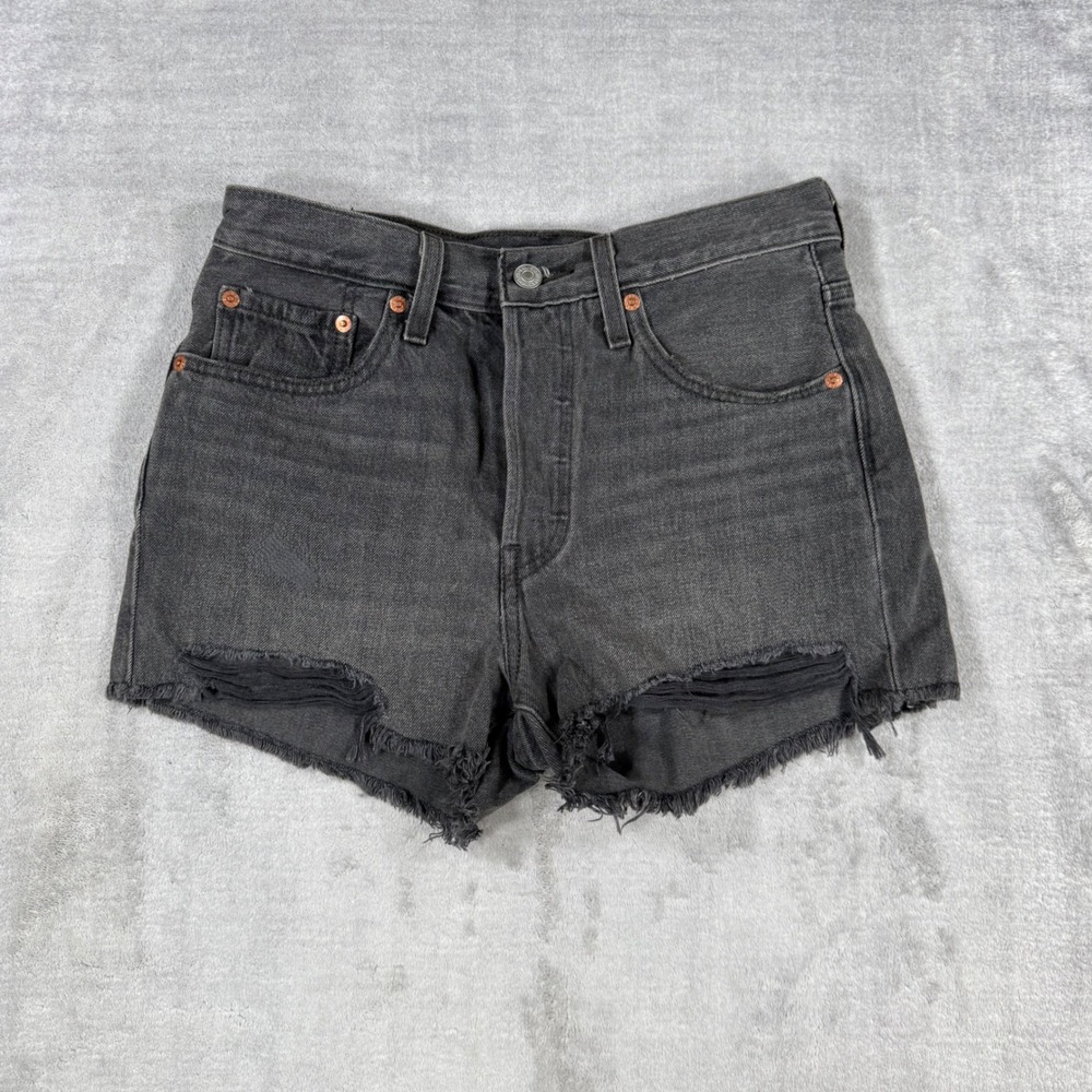 Levis Shorts Women 26 Black 501 Original Distressed Cut Off High Rise Denim